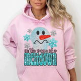 On the verge of a meltdown (sequin with pink and blue font, snowman, and snowflakes) 11753 DTF transfer