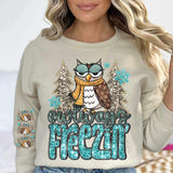 Owlways freezing (sequin with blue font, trees, owl, snowflakes) 11760 DTF transfer