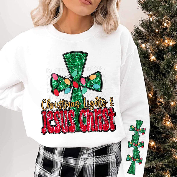 Christmas light & jesus christ (sequin with gold and green font with green cross) 11776 DTF transfer