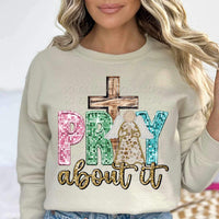 Pray about it (sequin with pink green and blue font with angel and wooden cross 11766 DTF transfer