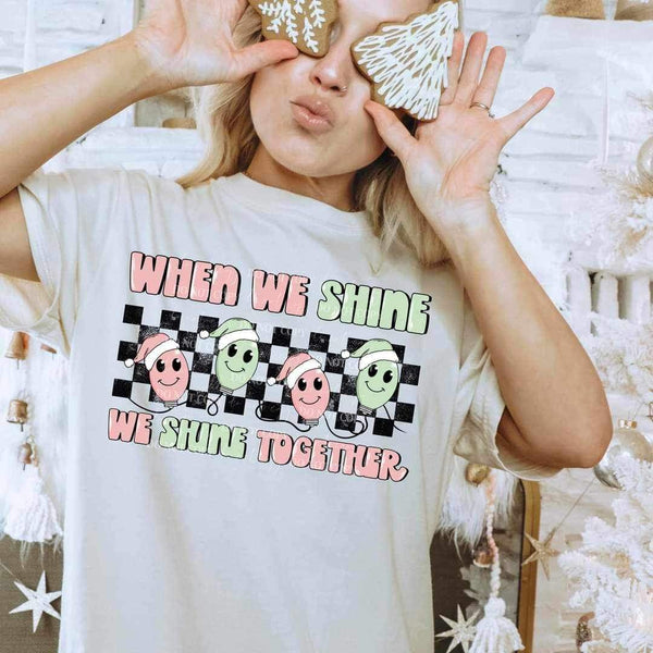 When we shine we shine together (red and green light bulbs with checkered background) 11772 DTF transfer