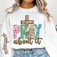 Pray about it (sequin with pink green and blue font with angel and wooden cross 11766 DTF transfer