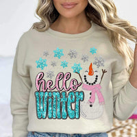 Hello winter (sequin with pink and blue font with snowman in pink scarf and snowflakes) 11762 DTF transfer