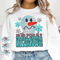 On the verge of a meltdown (sequin with pink and blue font, snowman, and snowflakes) 11753 DTF transfer