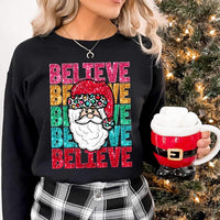 Believe (stacked sequin rainbow font with santa) 11764 DTF transfer