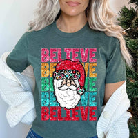 Believe (stacked sequin rainbow font with santa) 11764 DTF transfer