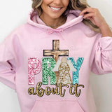 Pray about it (sequin with pink green and blue font with angel and wooden cross 11766 DTF transfer