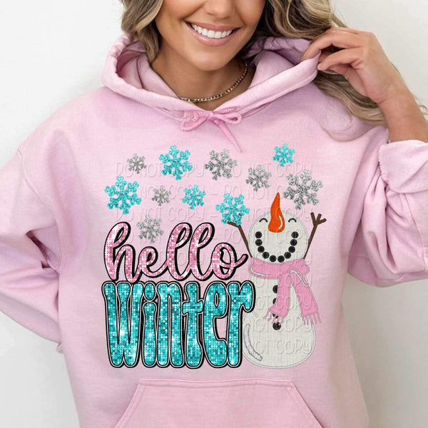 Hello winter (sequin with pink and blue font with snowman in pink scarf and snowflakes) 11762 DTF transfer