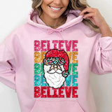 Believe (stacked sequin rainbow font with santa) 11764 DTF transfer