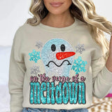 On the verge of a meltdown (sequin with pink and blue font, snowman, and snowflakes) 11753 DTF transfer