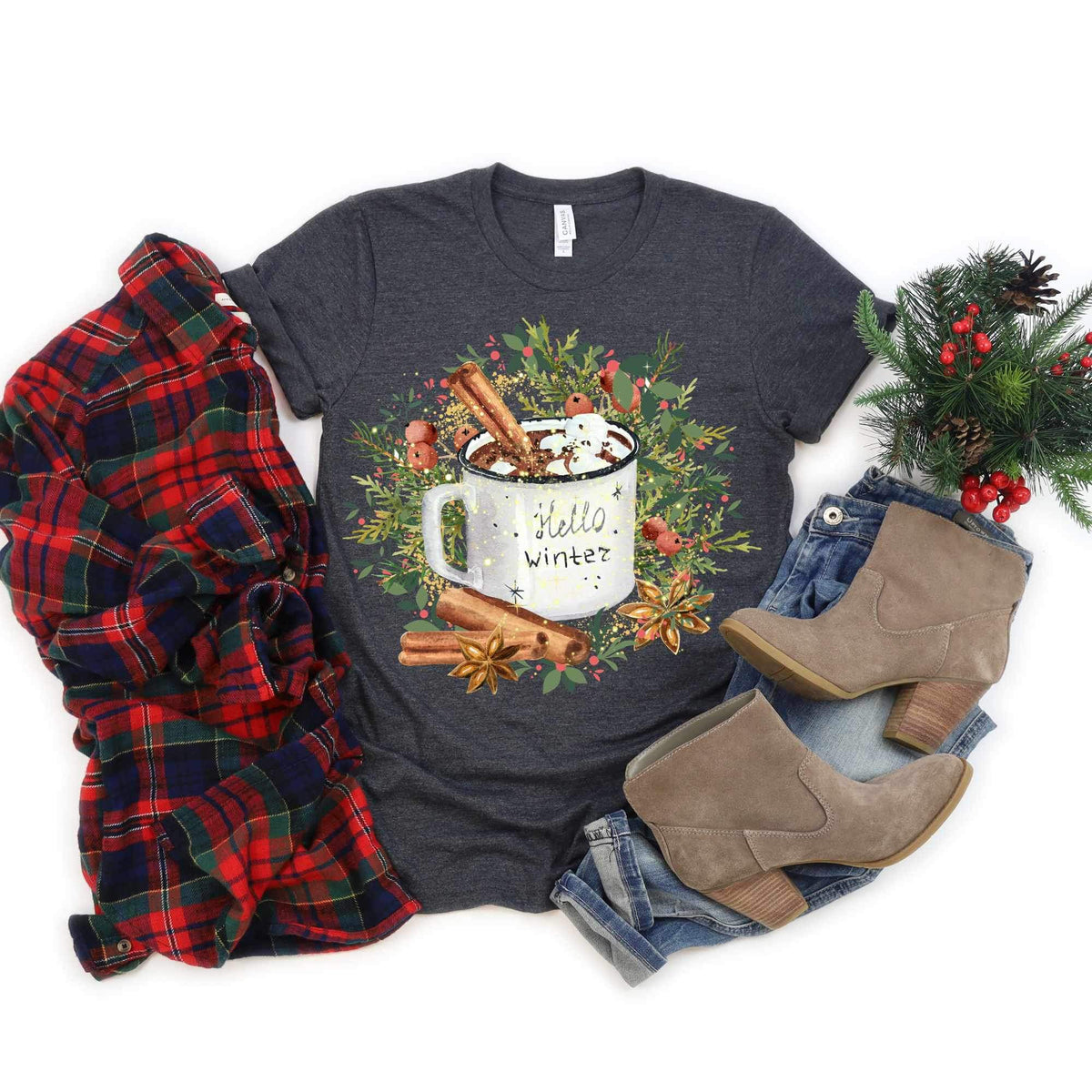 Hello winter (white mug with hot cocoa, cinnomon sticks, wreath) 11747 DTF transfer