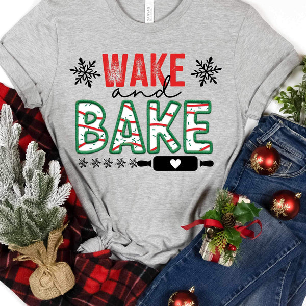 Wake and bake (red and Christmas cake font with dough roller and snowflakes) 11742 DTF transfer