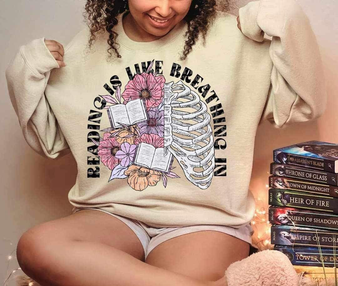 Reading is like breathing in (ribs with purple and pinks flowers with books) 11791 DTF transfer