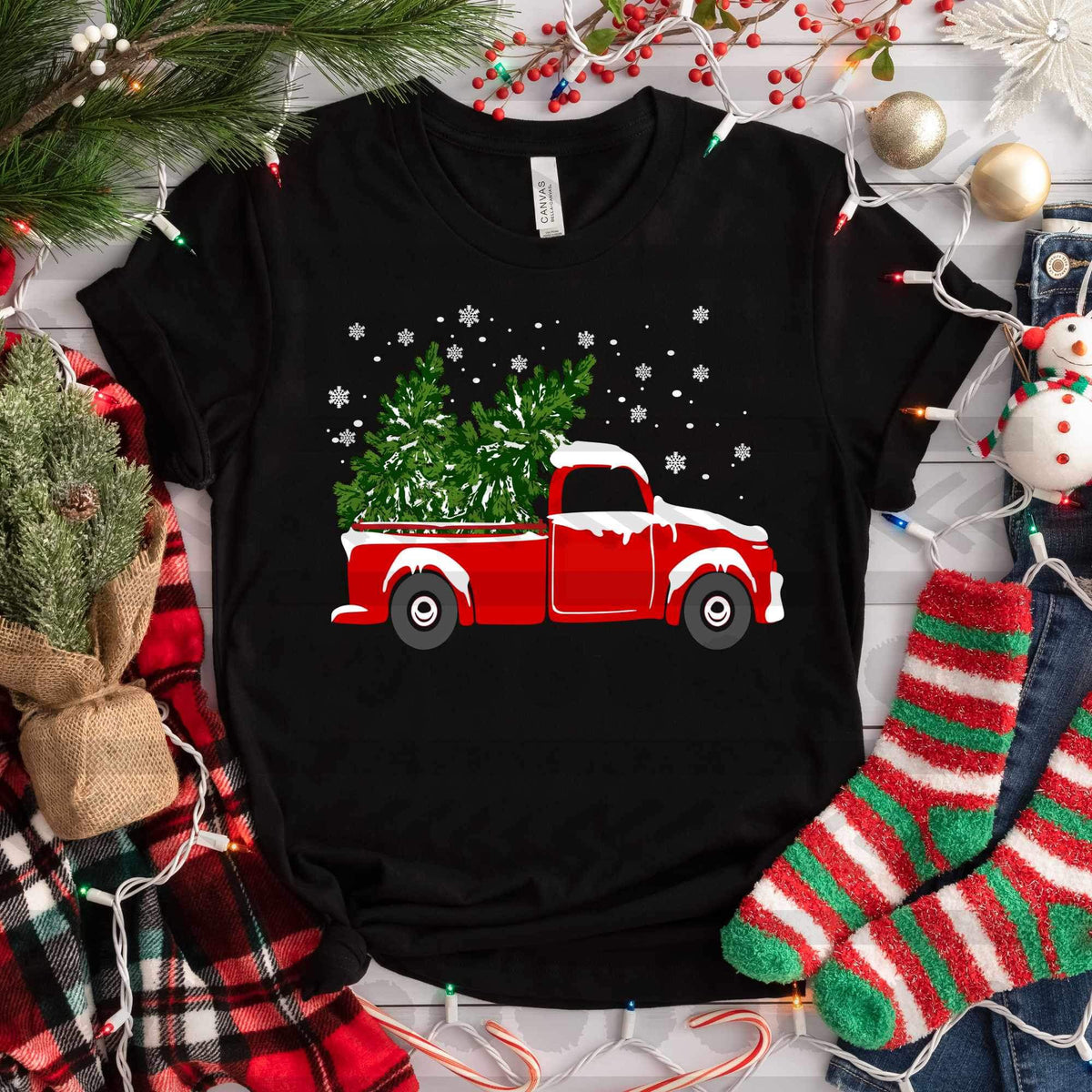 Red truck with two trees and snowflakes 11823 DTF transfer