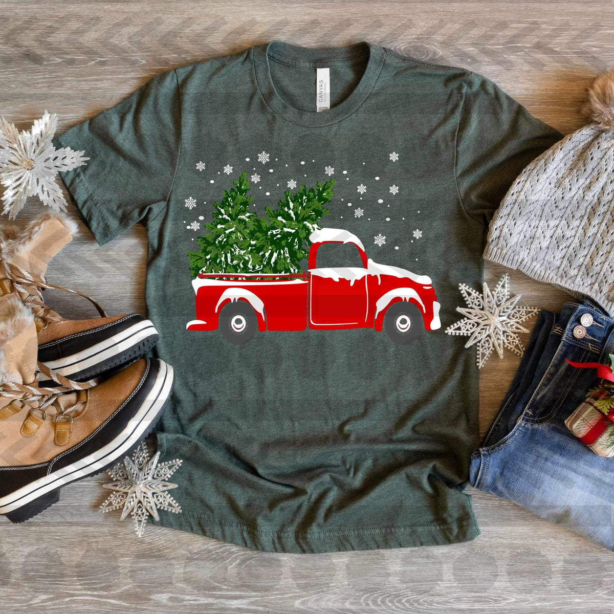 Red truck with two trees and snowflakes 11823 DTF transfer