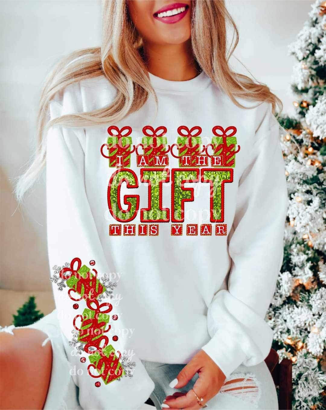 I am the gift this year (sequin with red and green font with gifts) FRONT ONLY 11848 DTF transfer