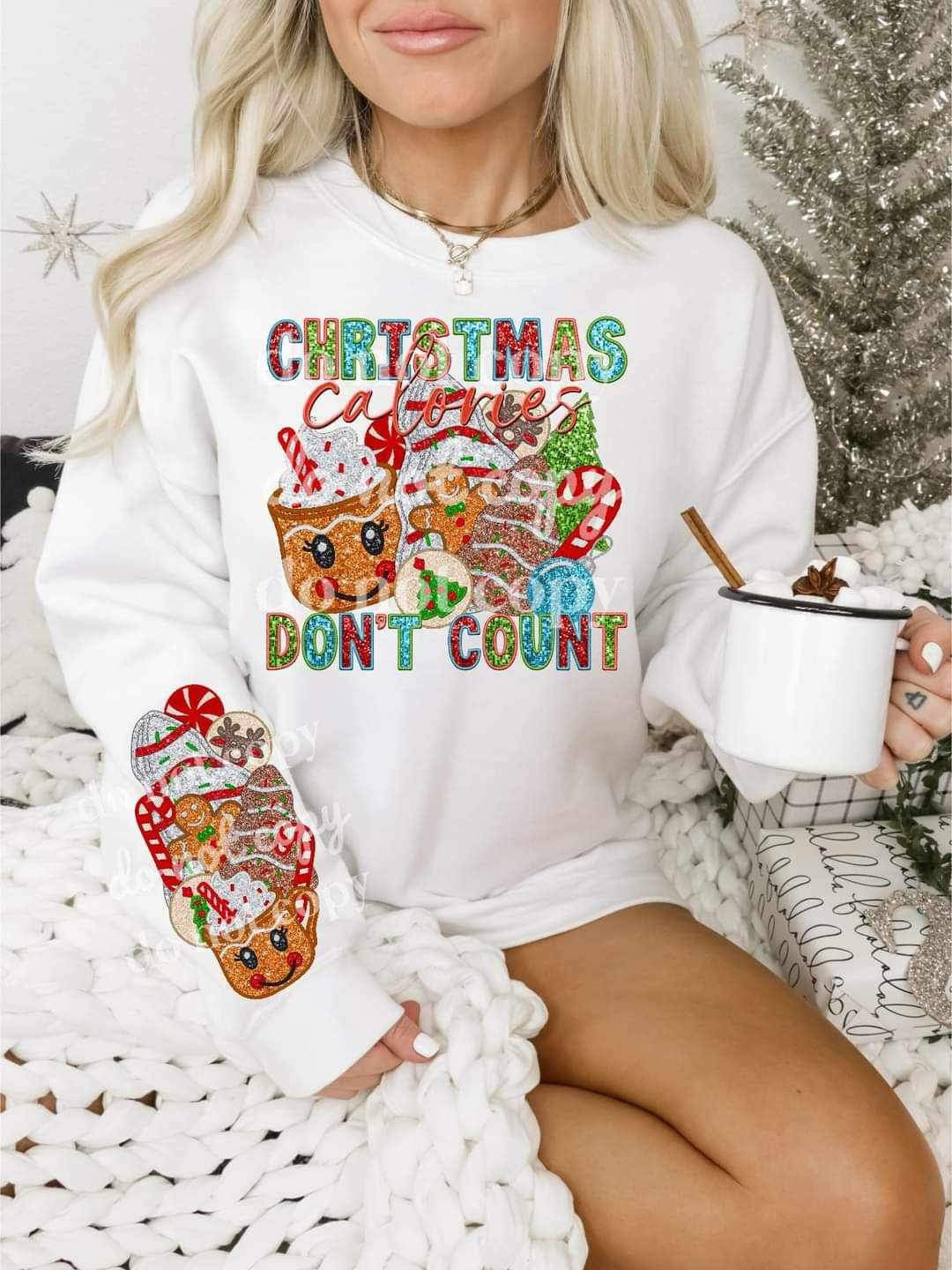 Christmas calories don’t count (multi color sequin font with christmas sweets) FRONT ONLY 11845 DTF transfer