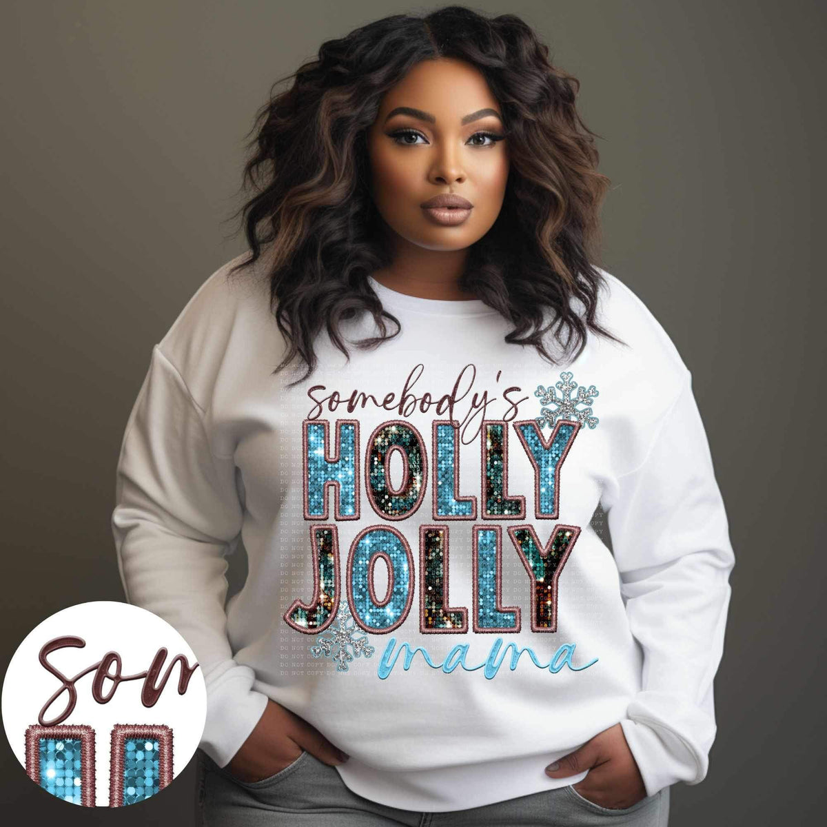 Somebody’s holly jolly mama (blue and black sequin) 11829 DTF transfer