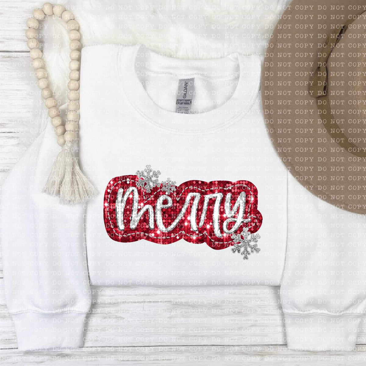 Merry (sequin with white font and red background with snowflakes) 11844 DTF transfer