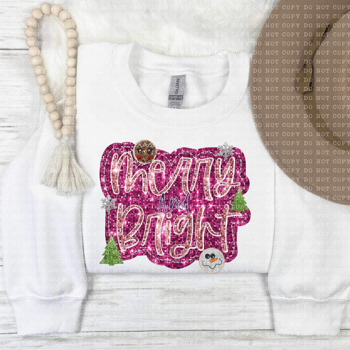 Merry and bright (sequin dark pink with snowman and gingerbread) 11840 DTF transfer