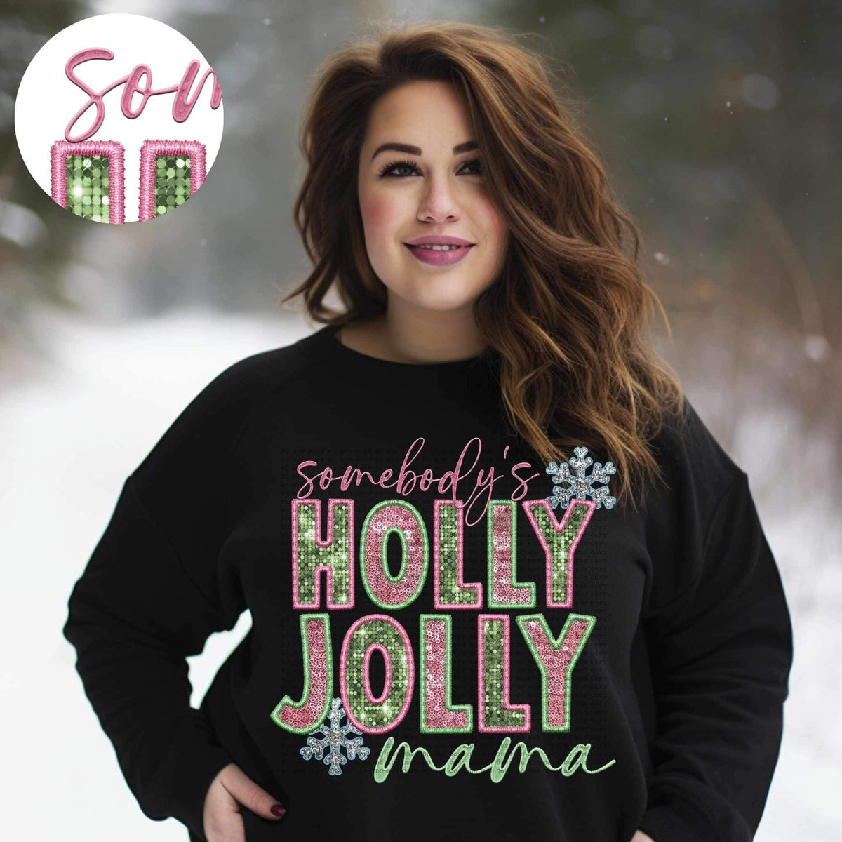 Somebody’s holly jolly mama (pink and green sequin) 11830 DTF transfer
