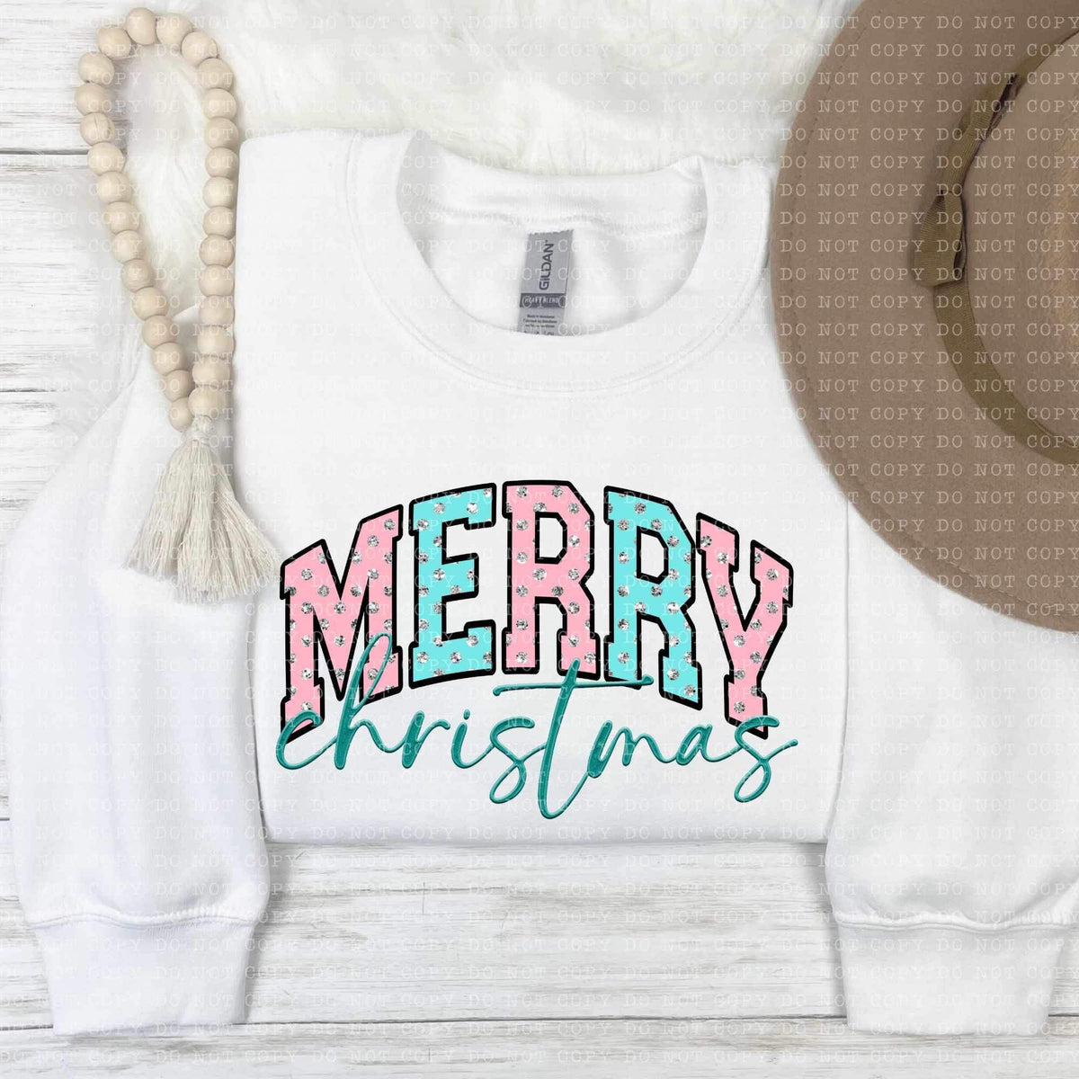 Merry Christmas (blue and pink font with rhinestones) 11837 DTF transfer