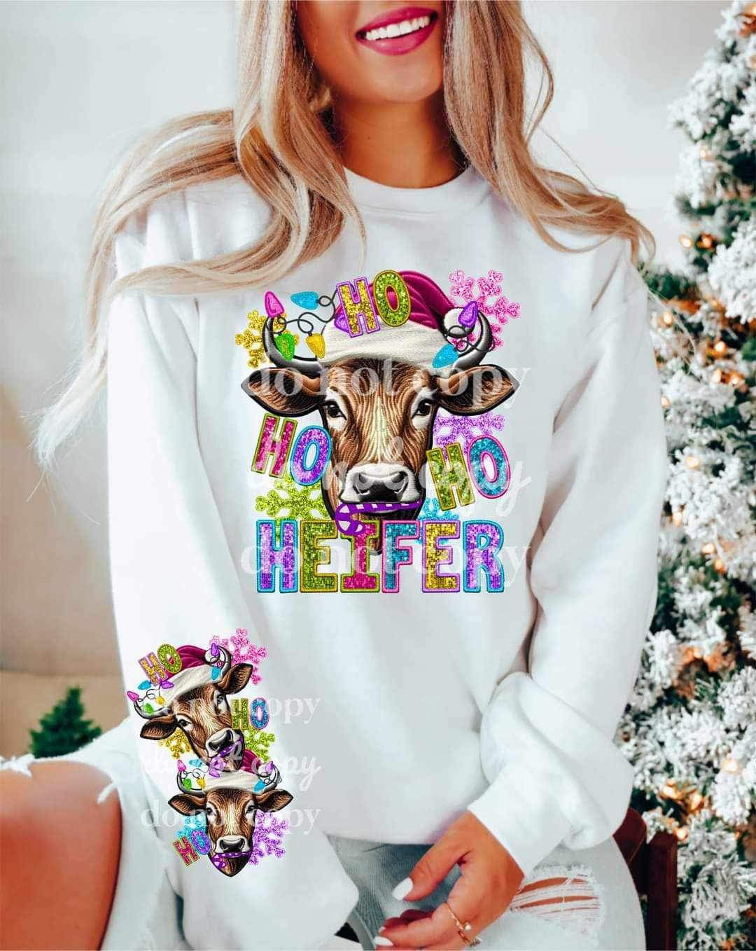 Ho ho ho heifer  (cow with multicolor sequin font and snowflakes) 11836 DTF transfer