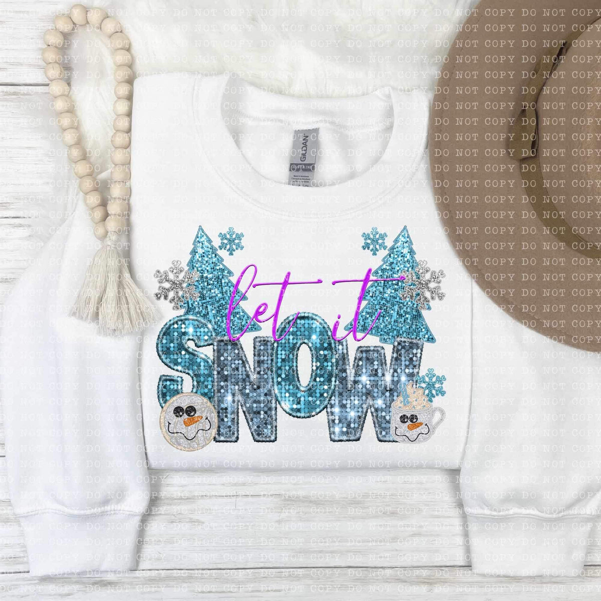 Let it snow (purple and blue sequin font with blue trees, snowflakes, and snowmen) 11833 DTF transfer