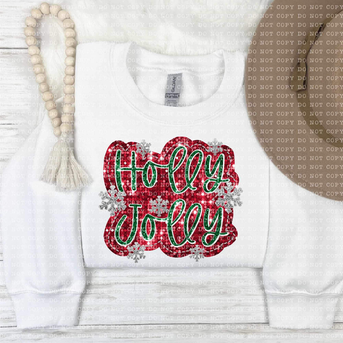 Holly jolly (sequin with green font and red background with snowflakes) 11832 DTF transfer