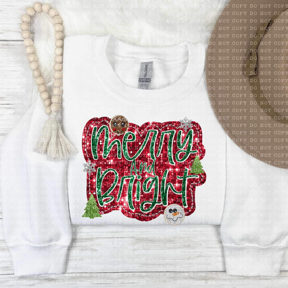 Merry and bright (sequin with green font and red background with Christmas cookies, trees, and snowflakes) 11831 DTF transfer