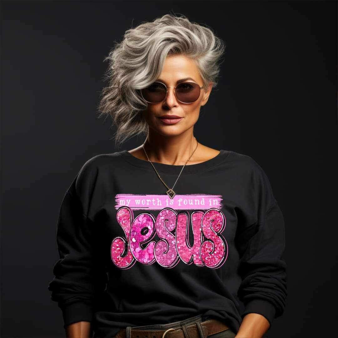 My worth is found in jesus (pink with sequin) 11887 DTF Transfer