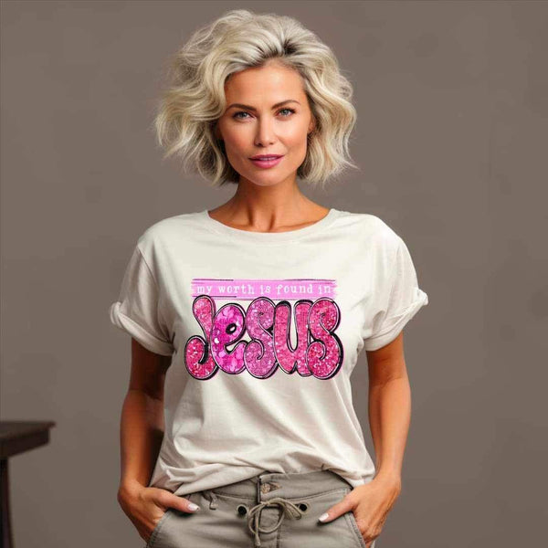 My worth is found in jesus (pink with sequin) 11887 DTF Transfer