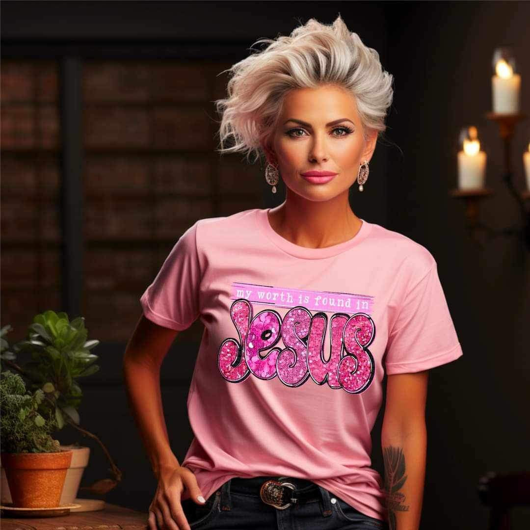 My worth is found in jesus (pink with sequin) 11887 DTF Transfer