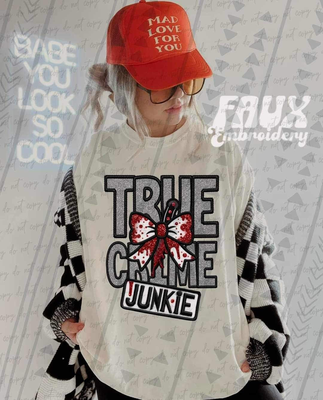 True crime junkie bloody bow faux embroidery 24956 DTF transfer