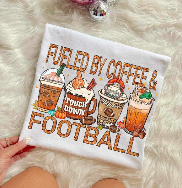 Fueled by fall & football (sequin orange font with football lattes) 11869 DTF Transfer