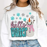 Hello winter (sequin with pink and blue font with snowman in pink scarf and snowflakes) 11762 DTF transfer