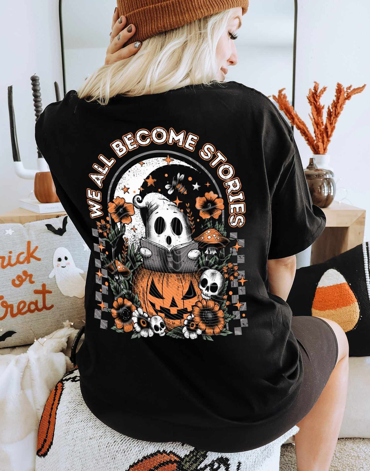 We all become stories ghost reading in pumpkin (GRAVITEE) 53713 DTF transfer