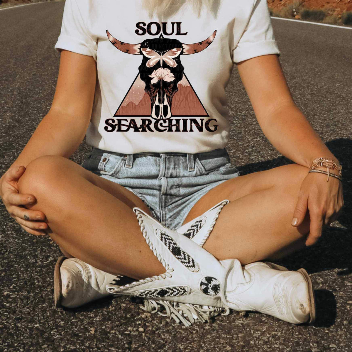Soul searching butterflies and bull skull 24995 DTF transfer
