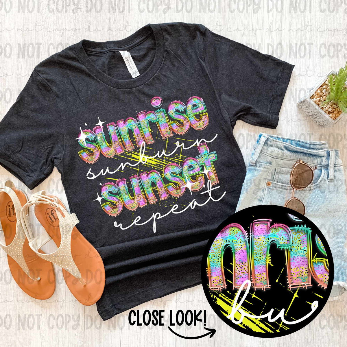 Sunrise sunburn sunset repeat colorful leopard white font (revelyou) 35049 DTF transfer