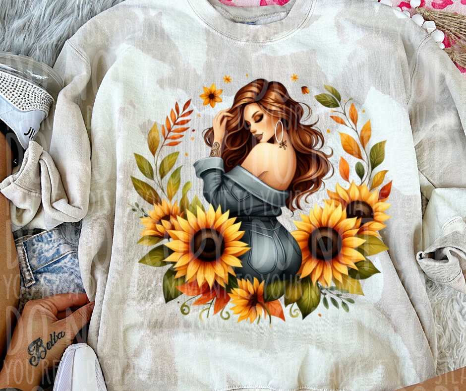 Brunette woman with sunflowers (vintage) 53755 DTF transfer