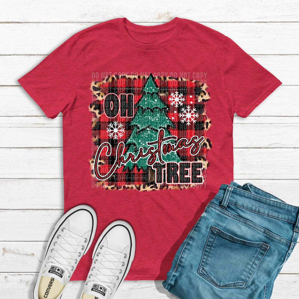 Oh Christmas tree (leopard and buffalo plaid background with snowflakes and tree) 15113 DTF Transfer