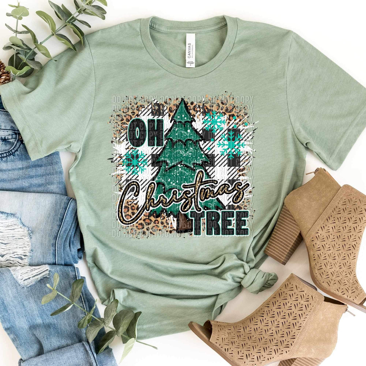 Oh Christmas tree (leopard and plaid background with snowflakes and tree) 15112 DTF Transfer