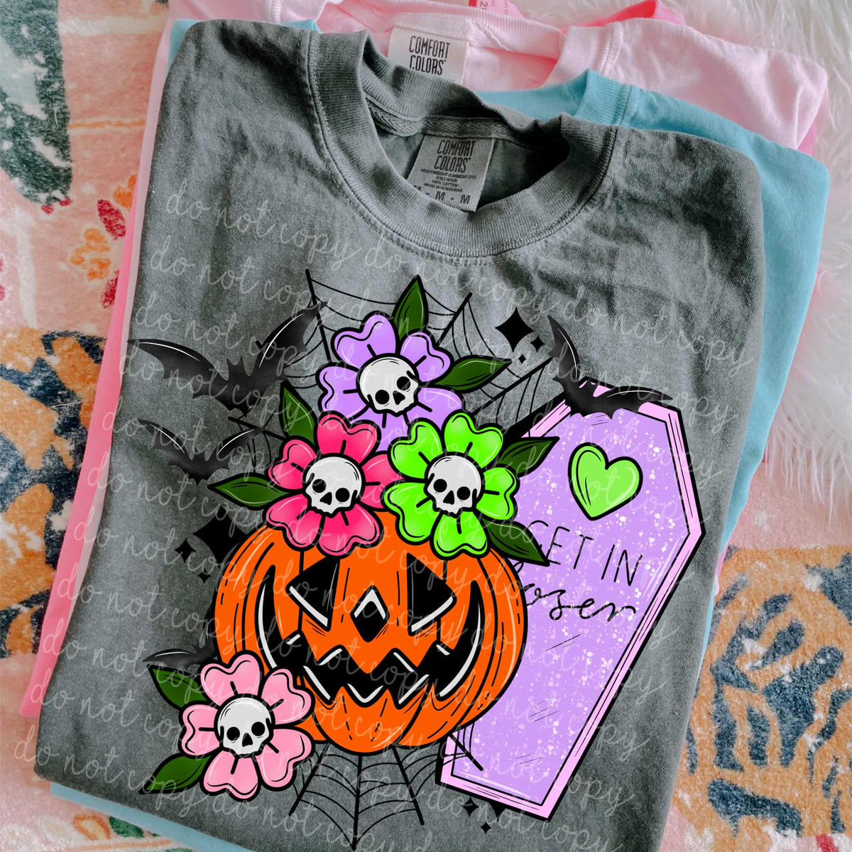 Get In Loser coffin and skull flowers (MMD) DTF transfer