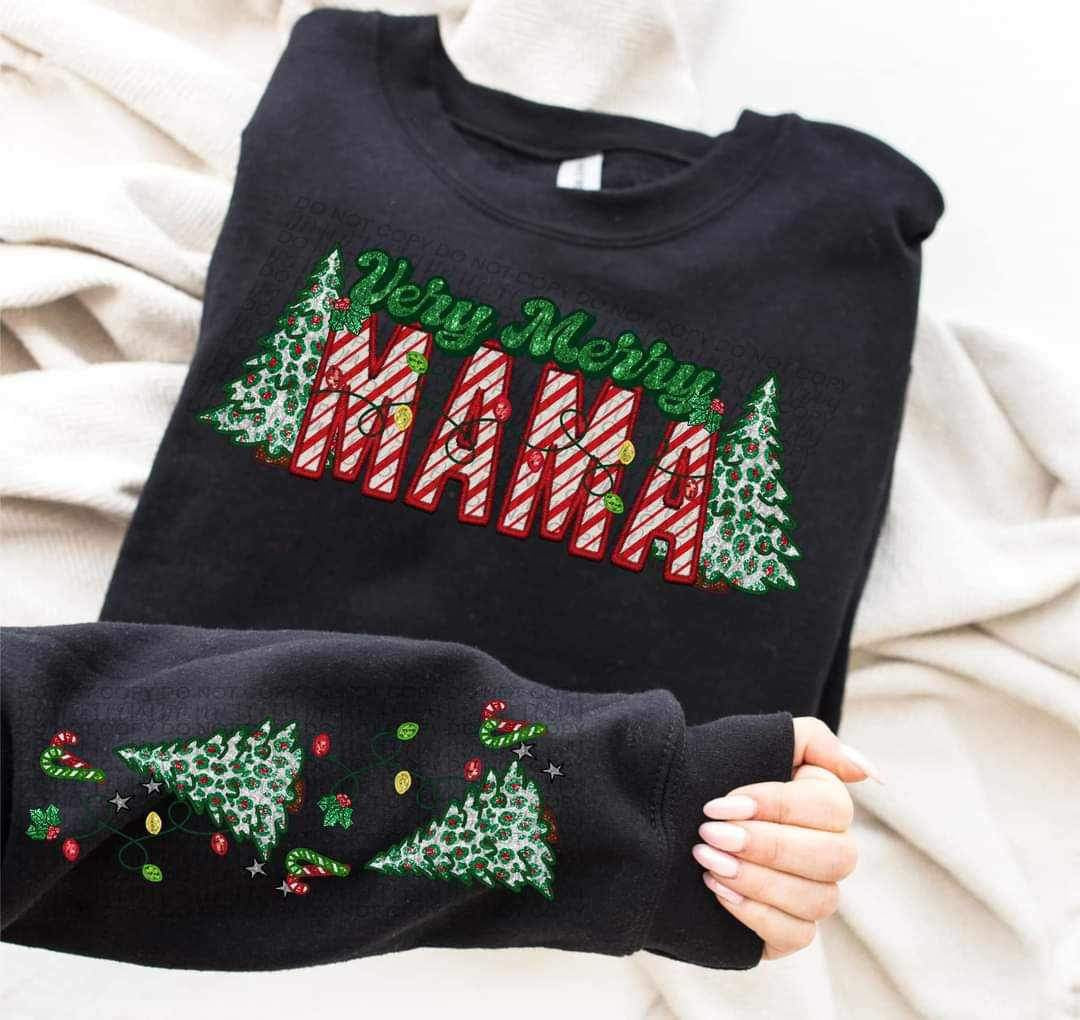Very merry mama (embroidered green and candy cane font with leopard trees) FRONT ONLY 15054 DTF Transfer