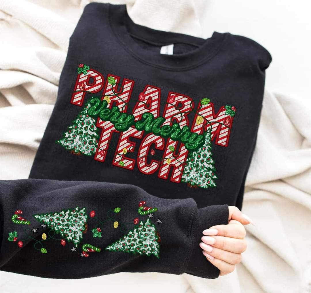 Very merry pharm tech (embroidered green and candy cane font with leopard trees) FRONT ONLY 15053 DTF Transfer