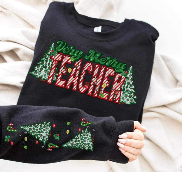 Very merry teacher (embroidered green and candy cane font with leopard trees) FRONT ONLY 15052 DTF Transfer