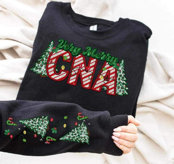 Very merry CNA (embroidered green and candy cane font with leopard trees) FRONT ONLY 15049  DTF Transfer