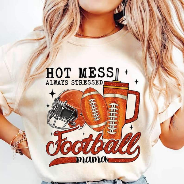 Hot mess always stressed football mama orange items 25132 DTF transfer