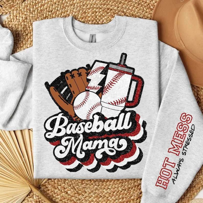 Baseball mama glittery white font and items FRONT 25141 DTF transfer