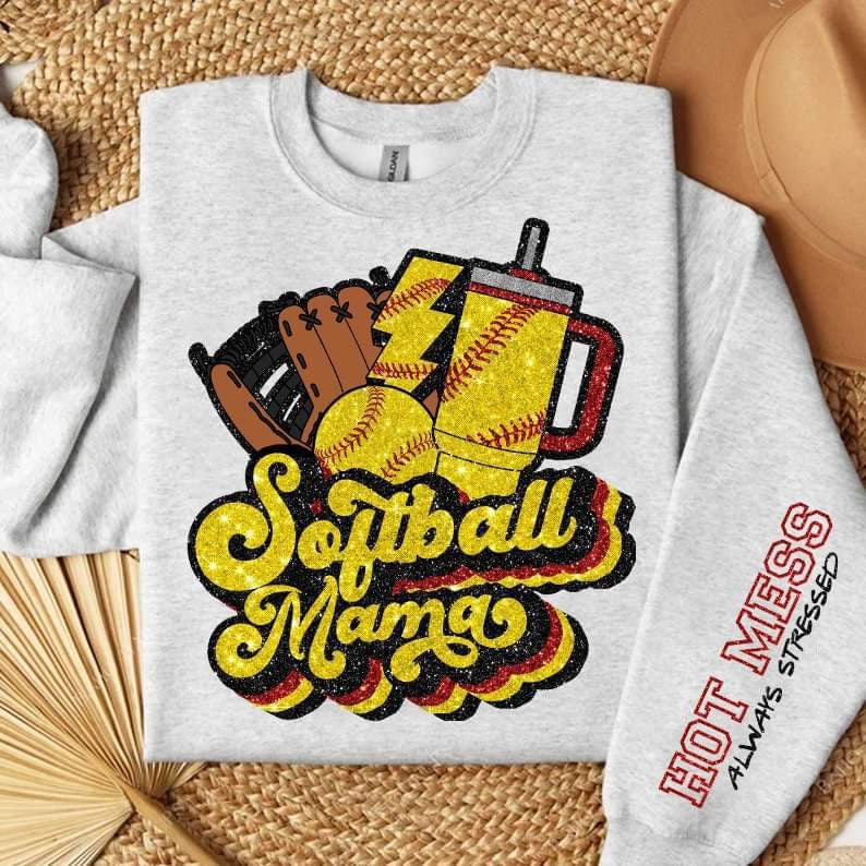 Softball mama yellow font and items FRONT 25139 DTF transferT